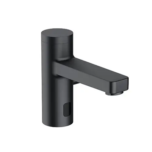 Schwarze elektronische Waschtischarmatur von Kludi mit einem schlanken, zylindrischen Design und einem geraden Auslauf. Eingebaute Steuerung für Wasserfluss sichtbar.